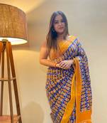 Blue Color Cotton Mulmul Bagru Hand Print Saree With Blouse Piece