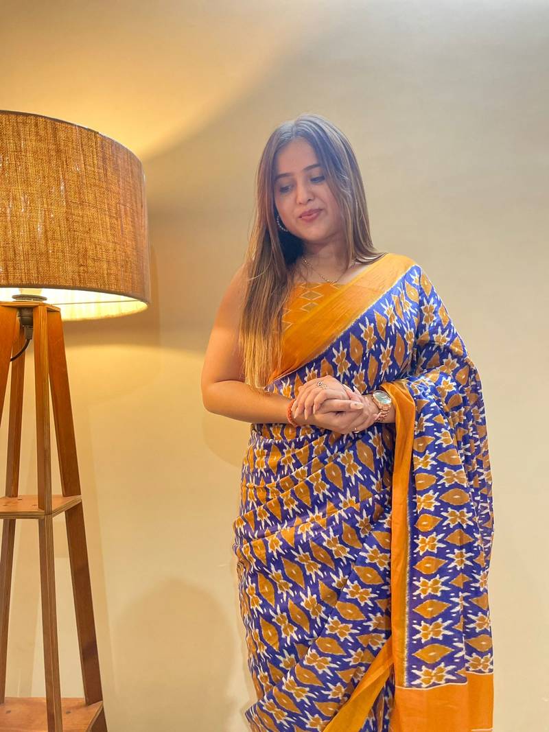 Blue Color Cotton Mulmul Bagru Hand Print Saree With Blouse Piece