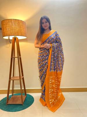 Blue Color Cotton Mulmul Bagru Hand Print Saree With Blouse Piece 3
