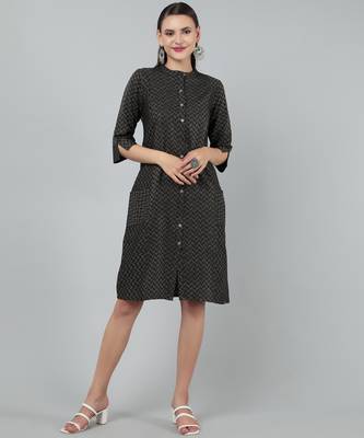 Anushil women cotton golden weaved mandarin collar one peice knee length kurta dress with buttons 4