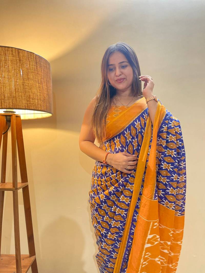 Blue Color Cotton Mulmul Bagru Hand Print Saree With Blouse Piece