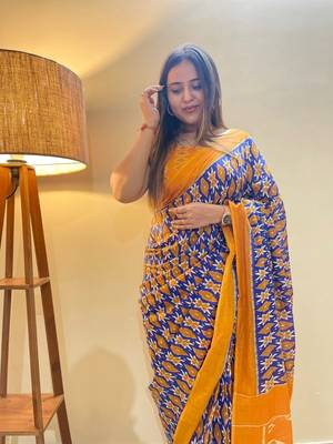 Blue Color Cotton Mulmul Bagru Hand Print Saree With Blouse Piece 5