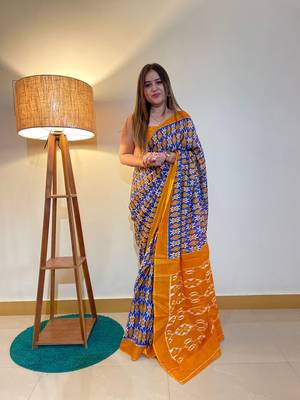Blue Color Cotton Mulmul Bagru Hand Print Saree With Blouse Piece 6