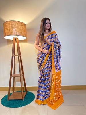 Blue Color Cotton Mulmul Bagru Hand Print Saree With Blouse Piece 7