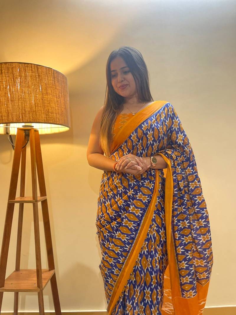 Blue Color Cotton Mulmul Bagru Hand Print Saree With Blouse Piece