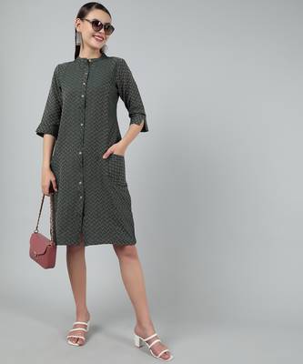 Anushil women cotton golden weaved mandarin collar one peice knee length kurta dress with buttons 1