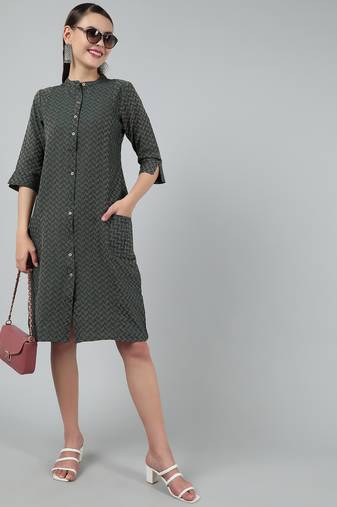 Anushil women cotton golden weaved mandarin collar one peice knee length kurta dress with buttons