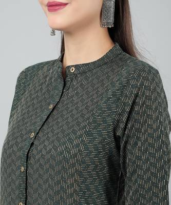 Anushil women cotton golden weaved mandarin collar one peice knee length kurta dress with buttons 2