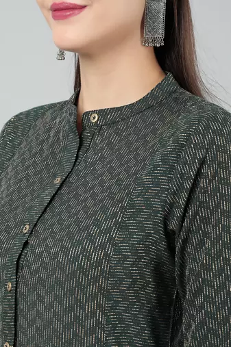 Anushil women cotton golden weaved mandarin collar one peice knee length kurta dress with buttons