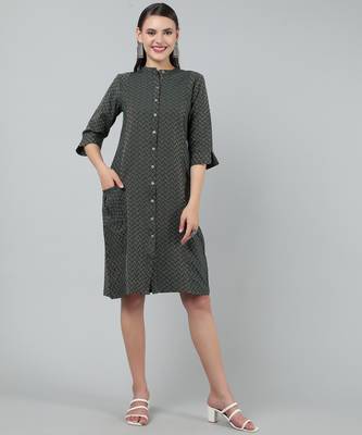 Anushil women cotton golden weaved mandarin collar one peice knee length kurta dress with buttons 4