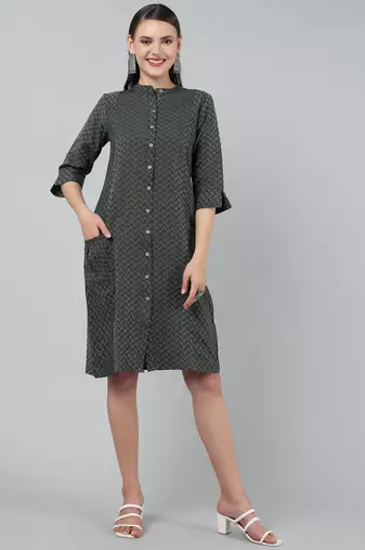 Anushil women cotton golden weaved mandarin collar one peice knee length kurta dress with buttons