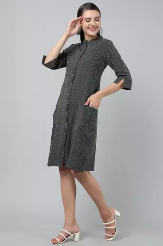 Anushil women cotton golden weaved mandarin collar one peice knee length kurta dress with buttons
