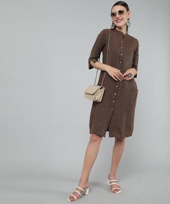 Anushil women cotton golden weaved mandarin collar one peice knee length kurta dress with buttons 1