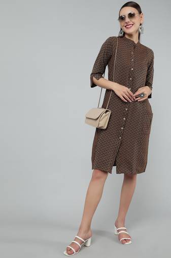 Anushil women cotton golden weaved mandarin collar one peice knee length kurta dress with buttons