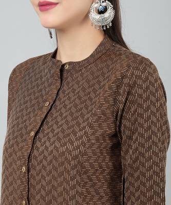 Anushil women cotton golden weaved mandarin collar one peice knee length kurta dress with buttons 2