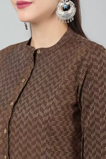 Anushil women cotton golden weaved mandarin collar one peice knee length kurta dress with buttons