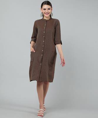 Anushil women cotton golden weaved mandarin collar one peice knee length kurta dress with buttons 4