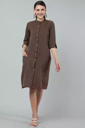 Anushil women cotton golden weaved mandarin collar one peice knee length kurta dress with buttons