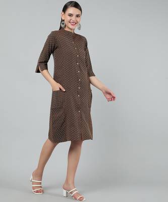 Anushil women cotton golden weaved mandarin collar one peice knee length kurta dress with buttons 5