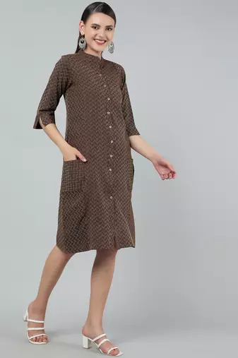 Anushil women cotton golden weaved mandarin collar one peice knee length kurta dress with buttons