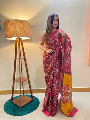 Red Color Cotton Mulmul Bagru Hand Print Saree With Blouse Piece 1
