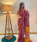 Red Color Cotton Mulmul Bagru Hand Print Saree With Blouse Piece