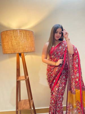 Red Color Cotton Mulmul Bagru Hand Print Saree With Blouse Piece 2