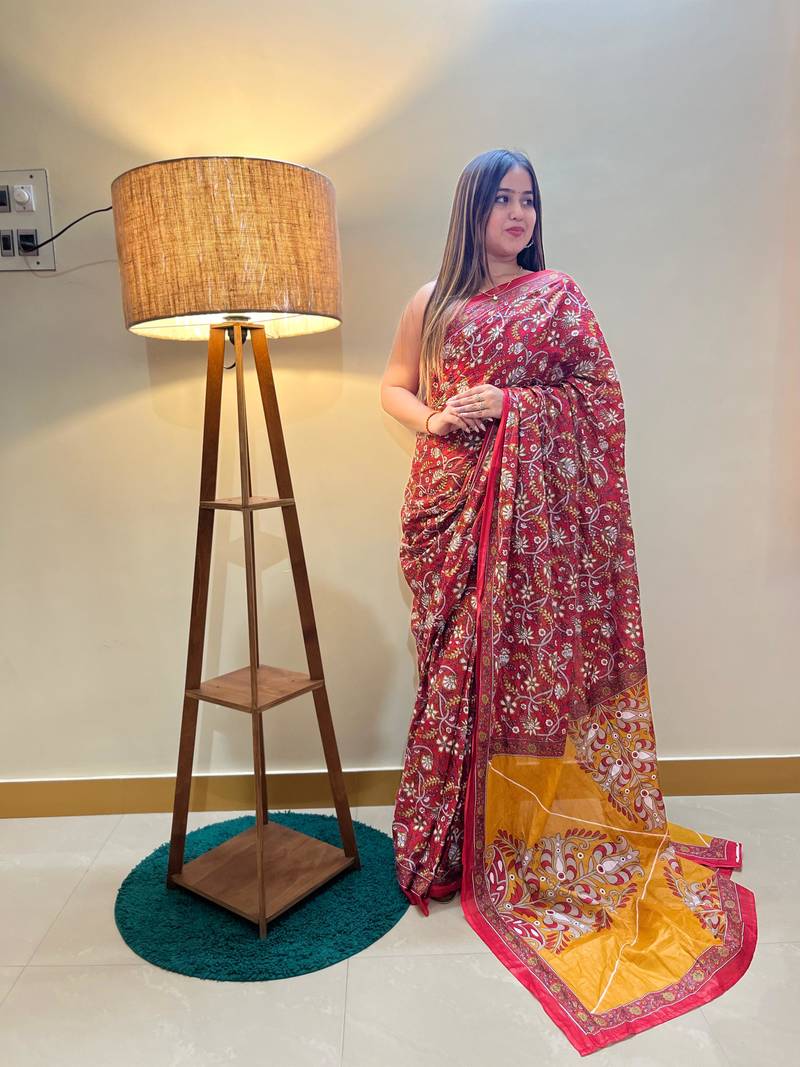 Red Color Cotton Mulmul Bagru Hand Print Saree With Blouse Piece