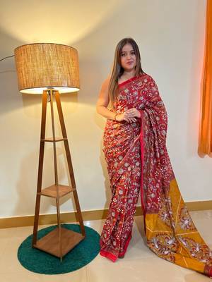 Red Color Cotton Mulmul Bagru Hand Print Saree With Blouse Piece 5