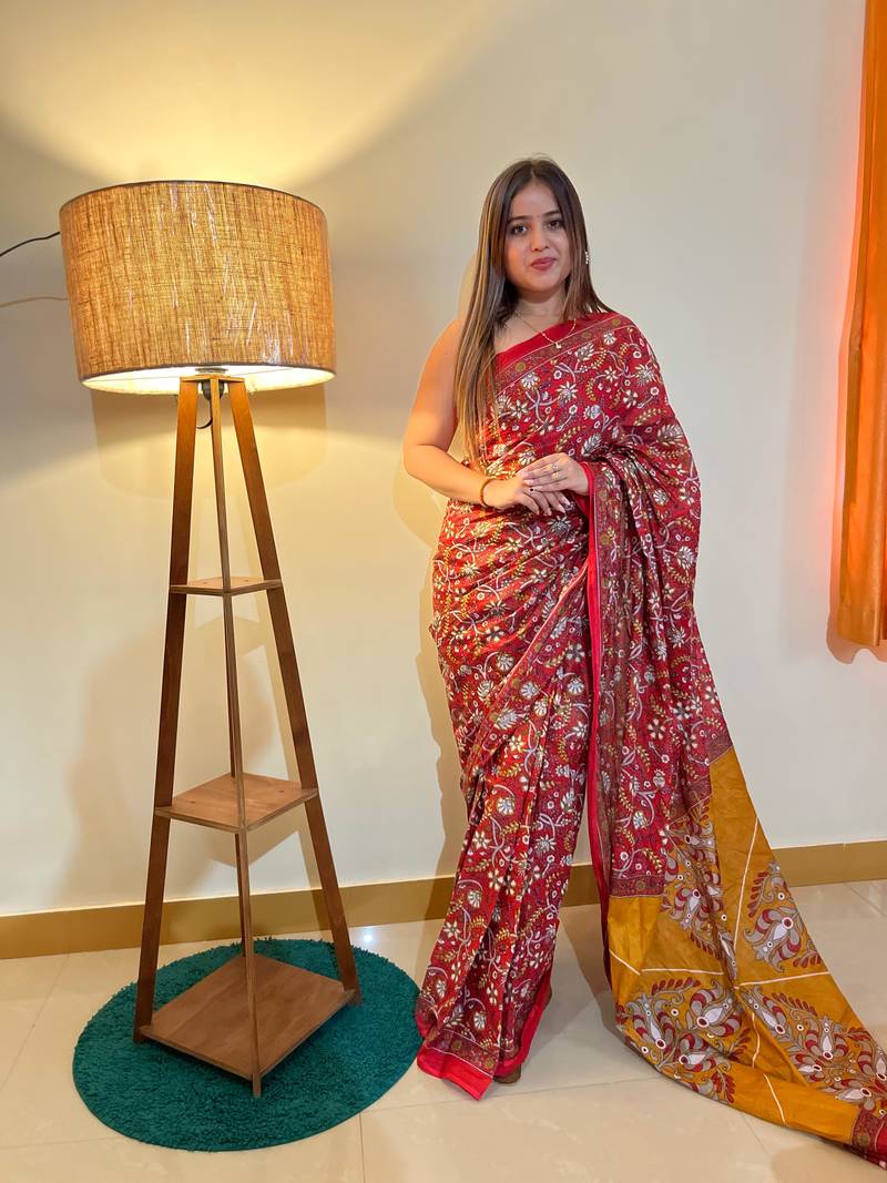 Red Color Cotton Mulmul Bagru Hand Print Saree With Blouse Piece
