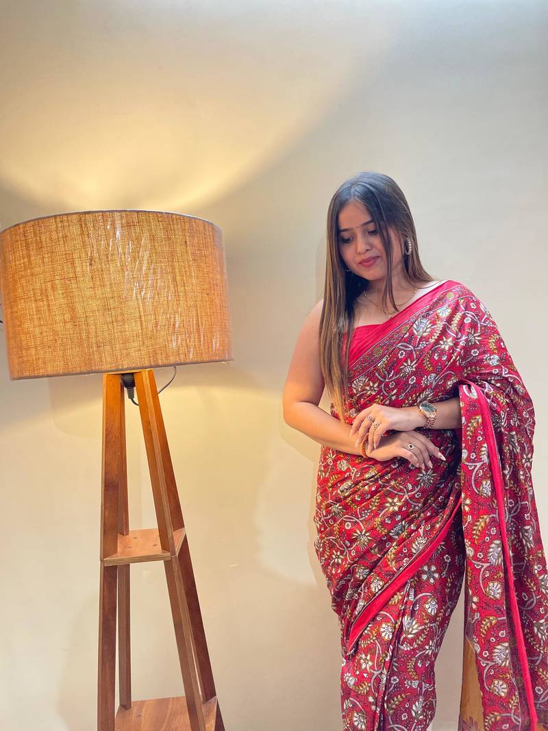 Red Color Cotton Mulmul Bagru Hand Print Saree With Blouse Piece