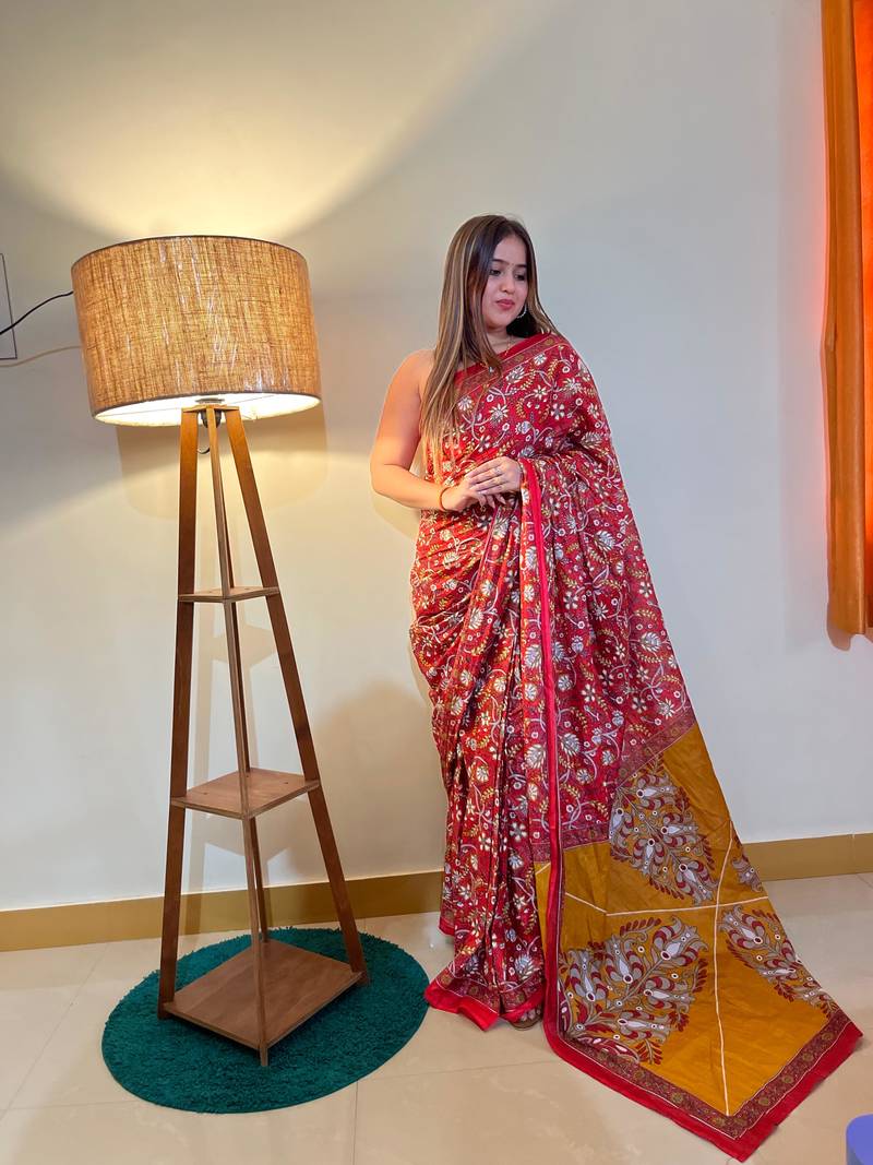 Red Color Cotton Mulmul Bagru Hand Print Saree With Blouse Piece