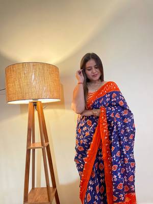 Blue Color Cotton Mulmul Bagru Hand Print Saree With Blouse Piece 1