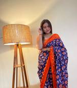 Blue Color Cotton Mulmul Bagru Hand Print Saree With Blouse Piece