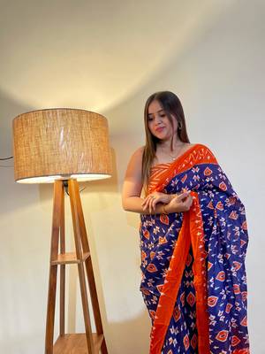 Blue Color Cotton Mulmul Bagru Hand Print Saree With Blouse Piece 2