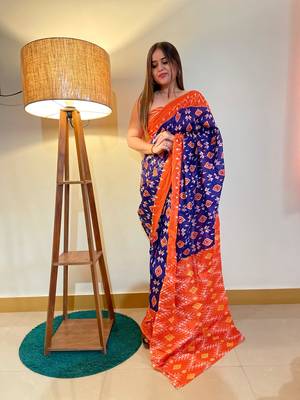 Blue Color Cotton Mulmul Bagru Hand Print Saree With Blouse Piece 3