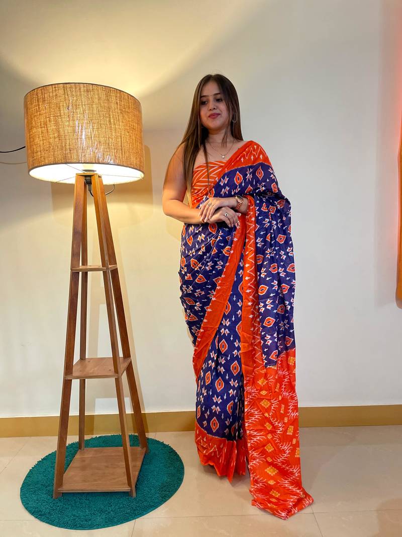 Blue Color Cotton Mulmul Bagru Hand Print Saree With Blouse Piece