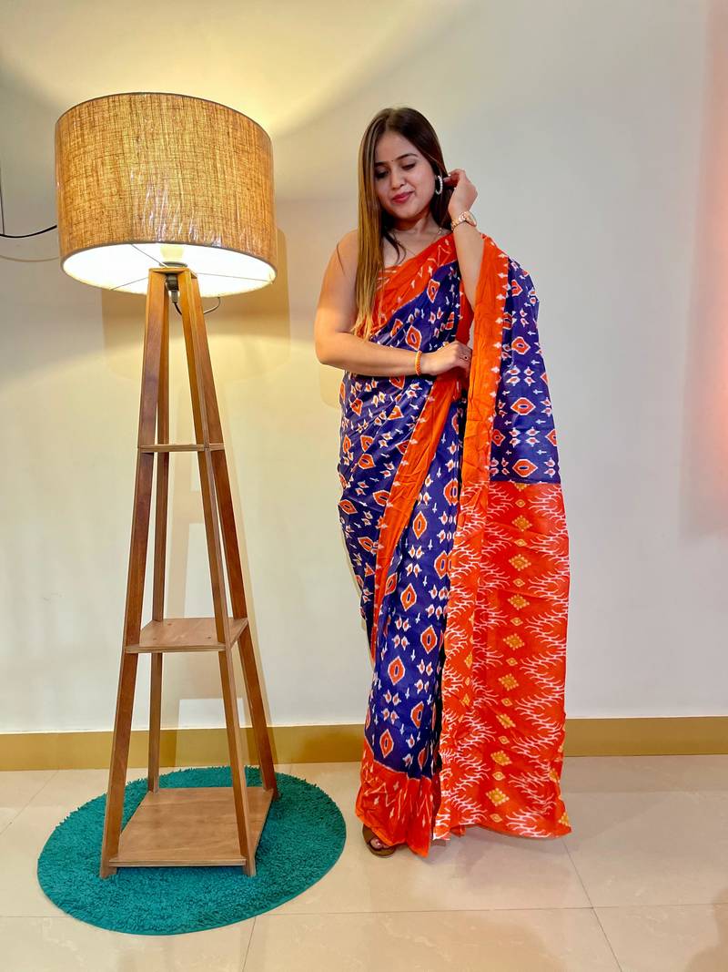 Blue Color Cotton Mulmul Bagru Hand Print Saree With Blouse Piece