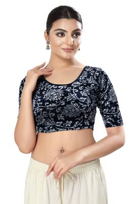 SALWAR STUDIO Women's Navy Blue Printed Stretchable Saree Blouse 1