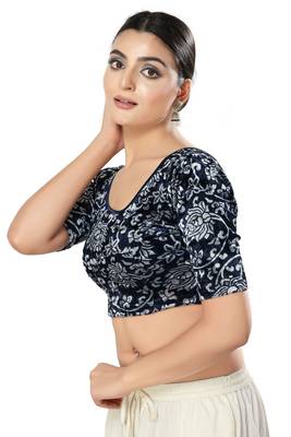 SALWAR STUDIO Women's Navy Blue Printed Stretchable Saree Blouse 2