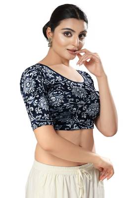 SALWAR STUDIO Women's Navy Blue Printed Stretchable Saree Blouse 3