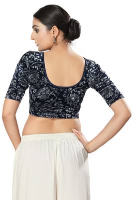 SALWAR STUDIO Women's Navy Blue Printed Stretchable Saree Blouse 4
