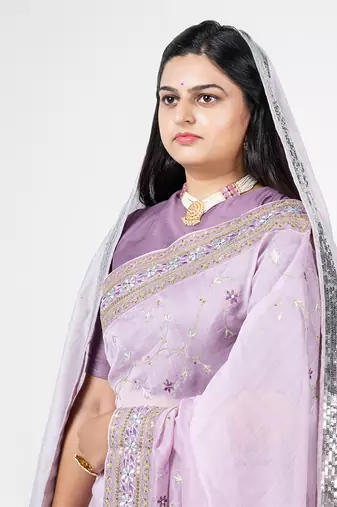 Lavender embroidered chanderi silk saree