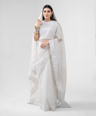 White dori embroidered organza silk saree 2