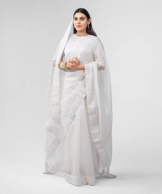 White dori embroidered organza silk saree 3