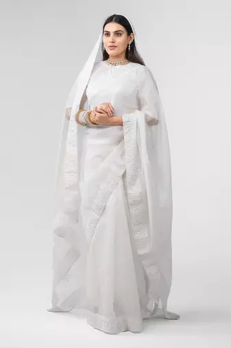 White dori embroidered organza silk saree