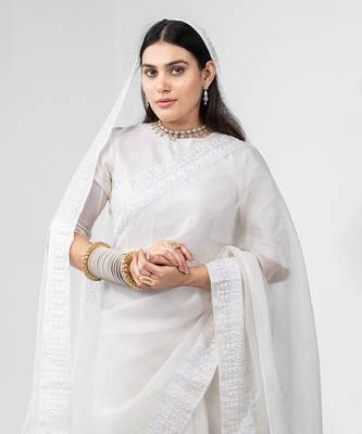 White dori embroidered organza silk saree 4