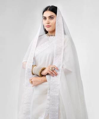 White dori embroidered organza silk saree 5