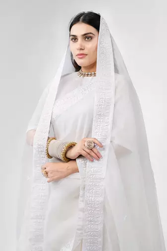 White dori embroidered organza silk saree