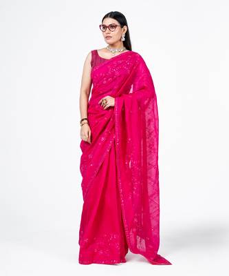 Hot pink embroidered jal saree 1